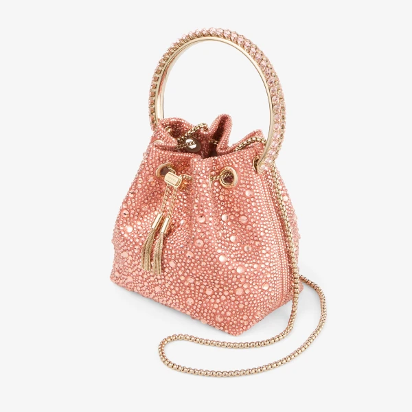 Grapefruit, Crystal and Light Gold Jimmy Choo Bon Bon Bucket Bag, view 3 | Bucket Bags