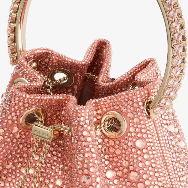 Grapefruit, Crystal and Light Gold Jimmy Choo Bon Bon Bucket Bag, view 4 | Bucket Bags