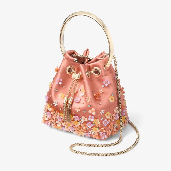 Grapefruit, Multi and Light Gold Jimmy Choo Bon Bon Bucket Bag, view 3 | Bucket Bags