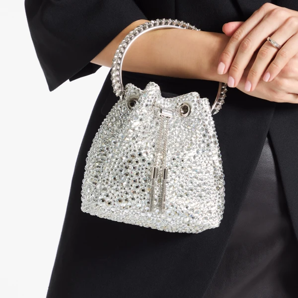 Ivory, Crystal and Silver Jimmy Choo Bon Bon Bucket Bag, view 2 | Bucket Bags