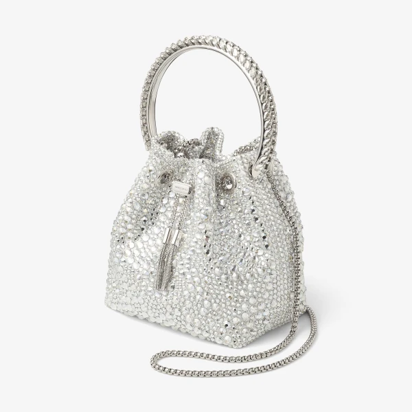 Ivory, Crystal and Silver Jimmy Choo Bon Bon Bucket Bag, view 3 | Bucket Bags