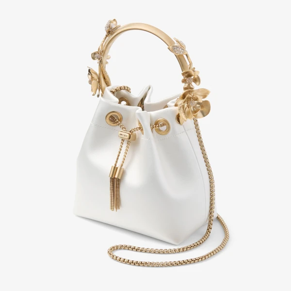 Ivory and Gold Jimmy Choo Bon Bon Bucket Bag, view 3 | Bucket Bags