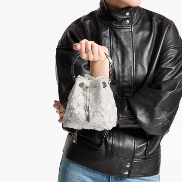 Ivory and Silver Jimmy Choo Bon Bon Bucket Bag, view 2 | Bucket Bags