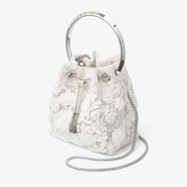 Ivory and Silver Jimmy Choo Bon Bon Bucket Bag, view 3 | Bucket Bags