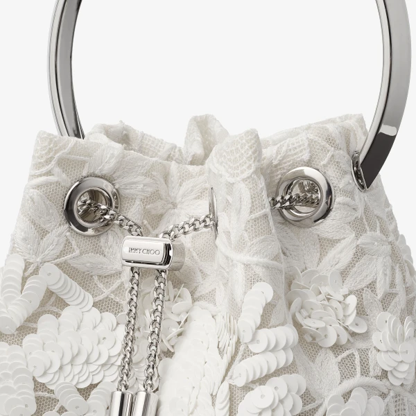 Ivory and Silver Jimmy Choo Bon Bon Bucket Bag, view 4 | Bucket Bags