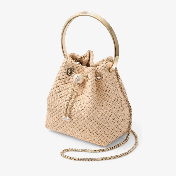Natural, Gold and Light Gold Jimmy Choo Bon Bon Bucket Bag, view 2 | Bucket Bags