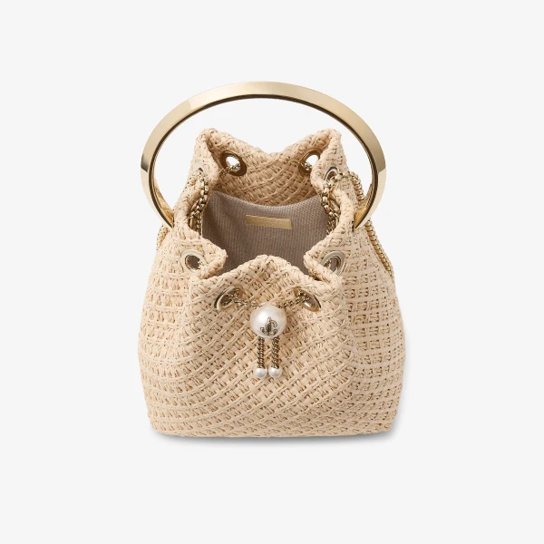 Natural, Gold and Light Gold Jimmy Choo Bon Bon Bucket Bag, view 4 | Bucket Bags