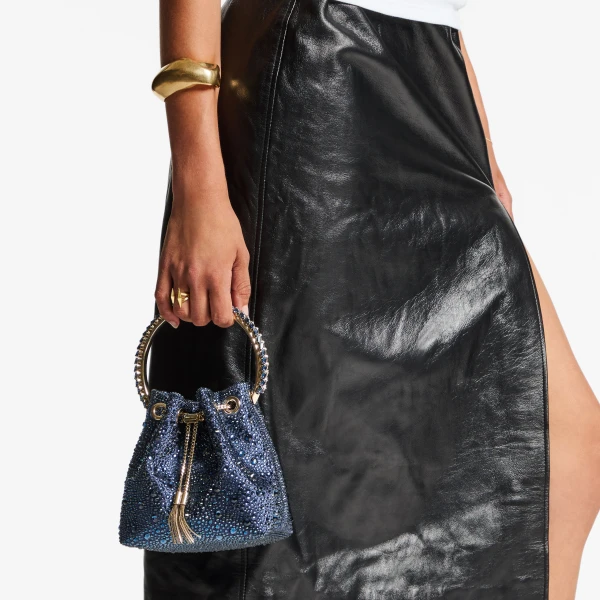 Navy, Crystal and Light Gold Jimmy Choo Bon Bon Bucket Bag, view 2 | Bucket Bags