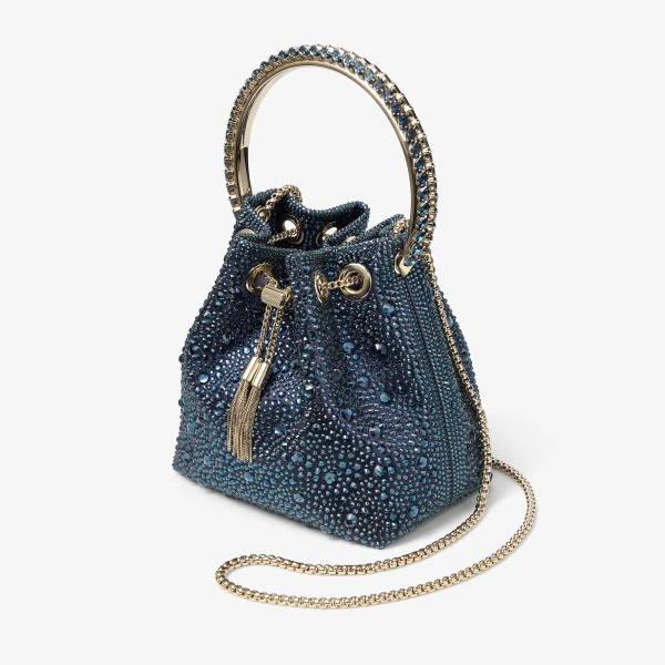Navy, Crystal and Light Gold Jimmy Choo Bon Bon Bucket Bag, view 3 | Bucket Bags