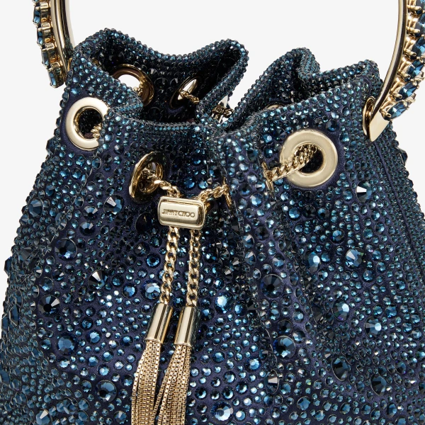 Navy, Crystal and Light Gold Jimmy Choo Bon Bon Bucket Bag, view 4 | Bucket Bags