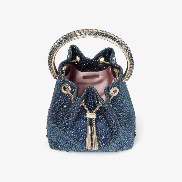 Navy, Crystal and Light Gold Jimmy Choo Bon Bon Bucket Bag, view 5 | Bucket Bags