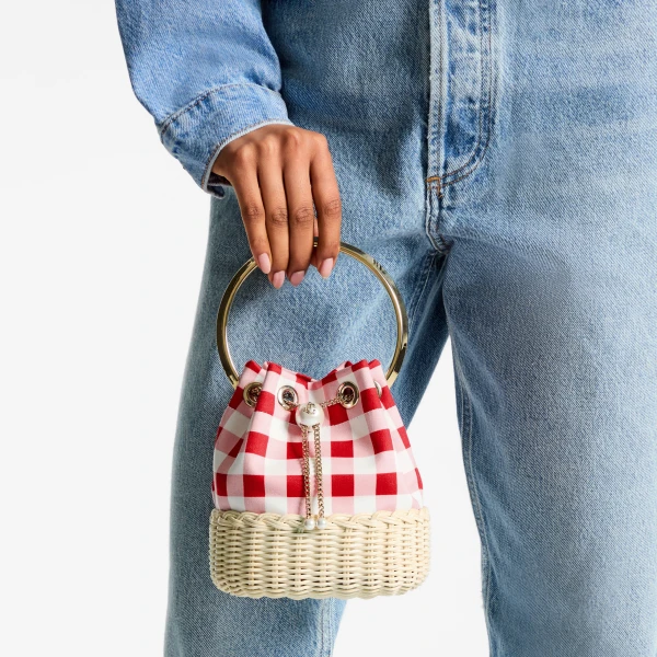 Ruby Red Mix, Natural and Light Gold Jimmy Choo Bon Bon Bucket Bag, view 2 | Bucket Bags