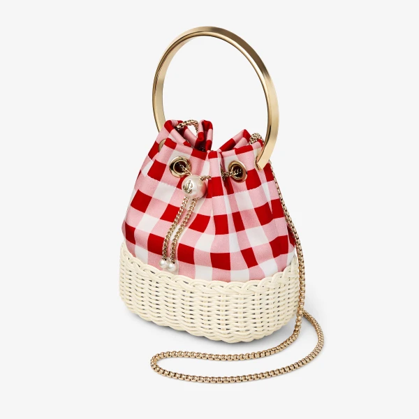 Ruby Red Mix, Natural and Light Gold Jimmy Choo Bon Bon Bucket Bag, view 3 | Bucket Bags