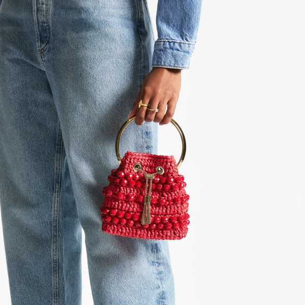 Ruby Red and Light Gold Jimmy Choo Bon Bon Bucket Bag, view 2 | Bucket Bags