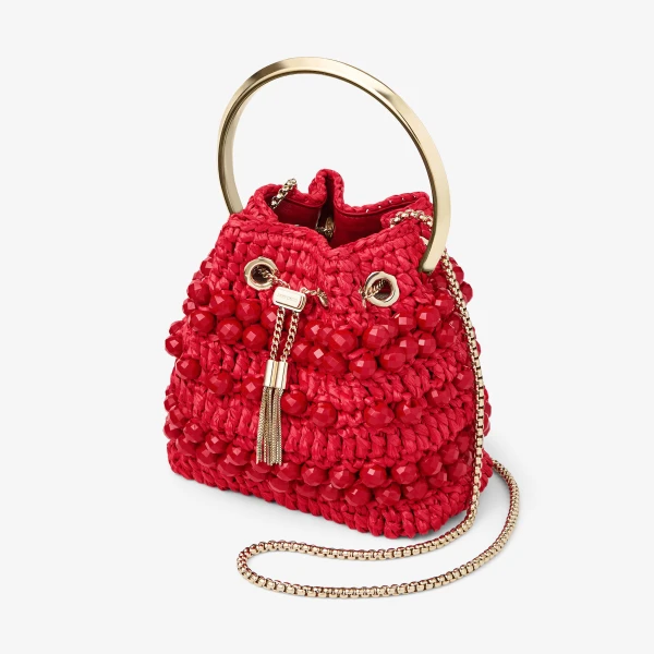 Ruby Red and Light Gold Jimmy Choo Bon Bon Bucket Bag, view 3 | Bucket Bags