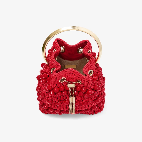 Ruby Red and Light Gold Jimmy Choo Bon Bon Bucket Bag, view 4 | Bucket Bags