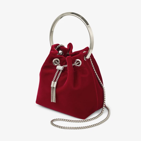 Ruby Red and Silver Jimmy Choo Bon Bon Bucket Bag, view 3 | Bucket Bags