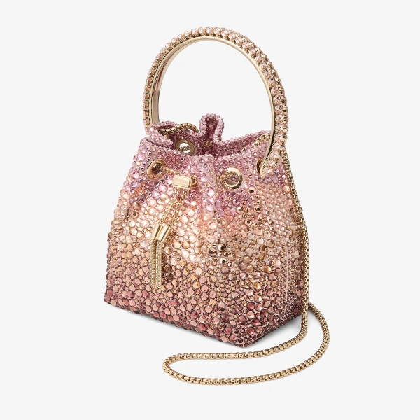 Silky Blush Mix and Light Gold Jimmy Choo Bon Bon Bucket Bag, view 3 | Bucket Bags