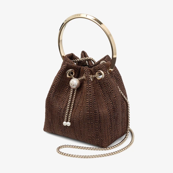 Tan and Light Gold Jimmy Choo Bon Bon Bucket Bag, view 2 | Bucket Bags