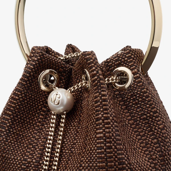 Tan and Light Gold Jimmy Choo Bon Bon Bucket Bag, view 3 | Bucket Bags
