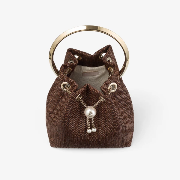 Tan and Light Gold Jimmy Choo Bon Bon Bucket Bag, view 4 | Bucket Bags