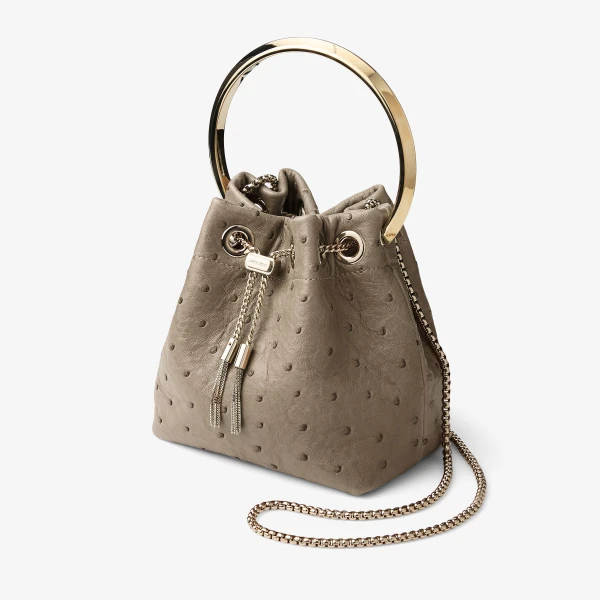 Taupe and Gold Jimmy Choo Bon Bon Bucket Bag, view 2 | Bucket Bags