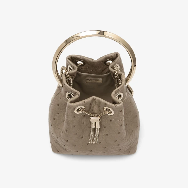 Taupe and Gold Jimmy Choo Bon Bon Bucket Bag, view 4 | Bucket Bags