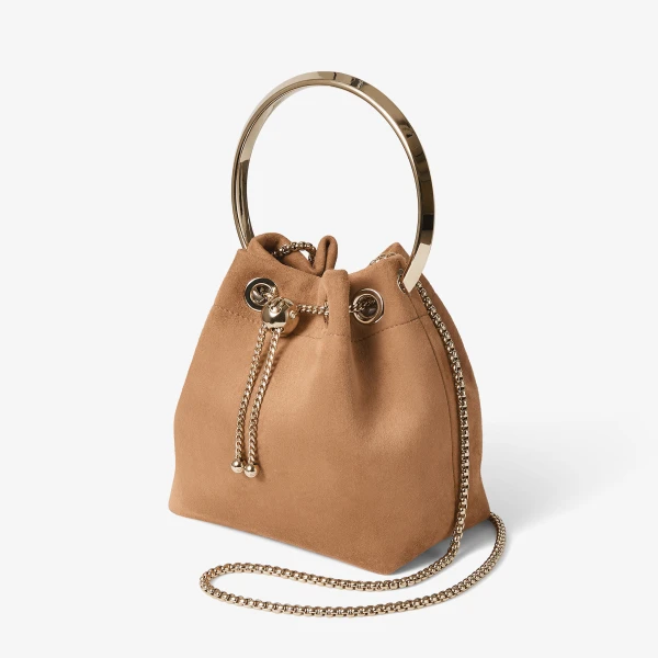 Toffee and Light Gold Jimmy Choo Bon Bon Bucket Bag, view 2 | Bucket Bags