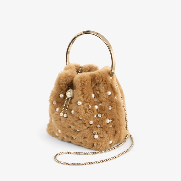 Toffee and Light Gold Jimmy Choo Bon Bon Bucket Bag, view 2 | Bucket Bags