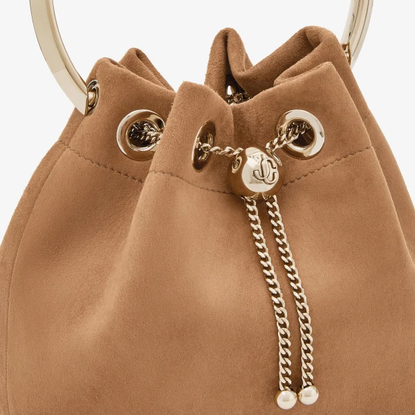 Toffee and Light Gold Jimmy Choo Bon Bon Bucket Bag, view 3 | Bucket Bags