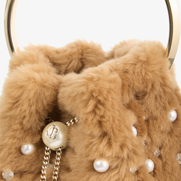 Toffee and Light Gold Jimmy Choo Bon Bon Bucket Bag, view 3 | Bucket Bags