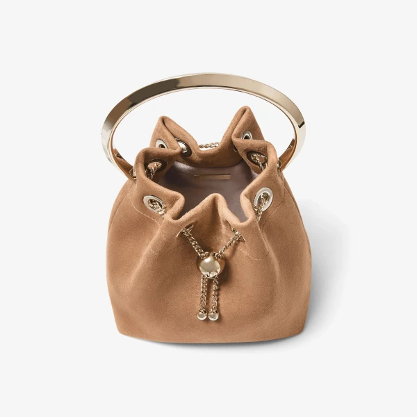 Toffee and Light Gold Jimmy Choo Bon Bon Bucket Bag, view 4 | Bucket Bags