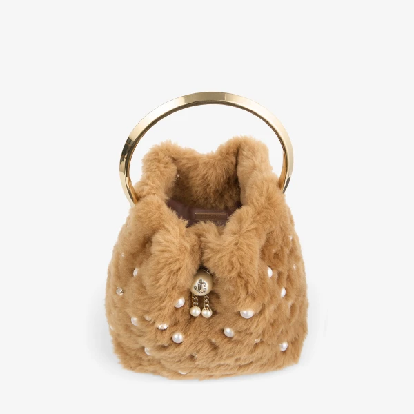 Toffee and Light Gold Jimmy Choo Bon Bon Bucket Bag, view 4 | Bucket Bags