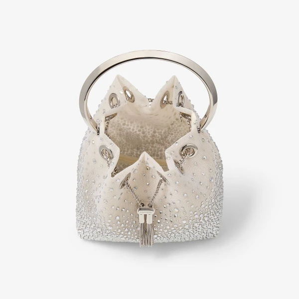 White and Crystal Jimmy Choo Bon Bon Bucket Bag, view 4 | Bucket Bags