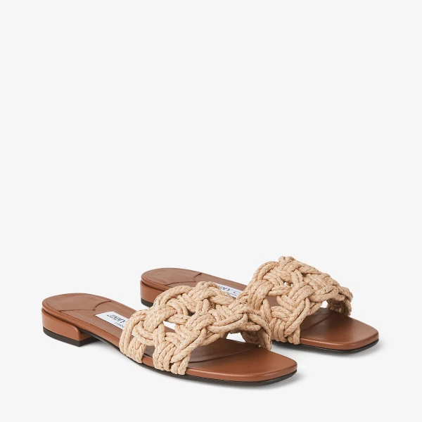 TAN and Natural Jimmy Choo Chara Flat, view 3 | Flip Flops & Slides