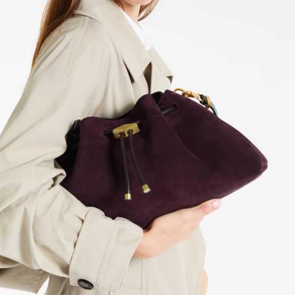 Deep Merlot and Gold Jimmy Choo Cinch Medium Bucket Bag, view 2 | Bucket Bags