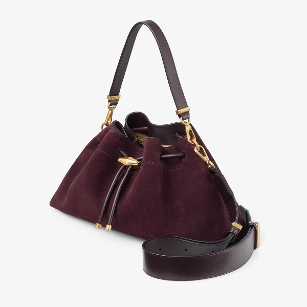 Deep Merlot and Gold Jimmy Choo Cinch Medium Bucket Bag, view 3 | Bucket Bags