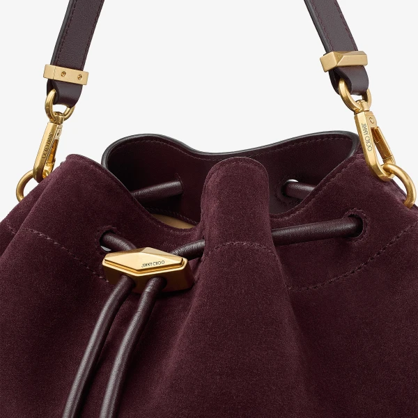Deep Merlot and Gold Jimmy Choo Cinch Medium Bucket Bag, view 4 | Bucket Bags
