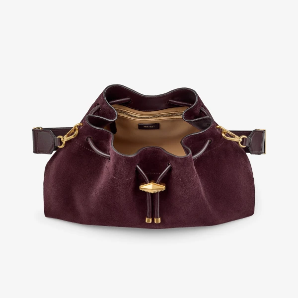 Deep Merlot and Gold Jimmy Choo Cinch Medium Bucket Bag, view 5 | Bucket Bags