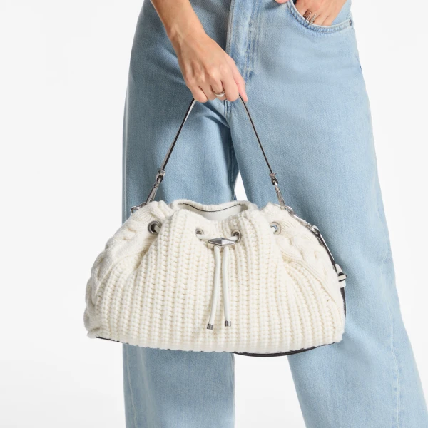 Latte and Antique Silver Jimmy Choo Cinch Medium Bucket Bag, view 2 | Bucket Bags