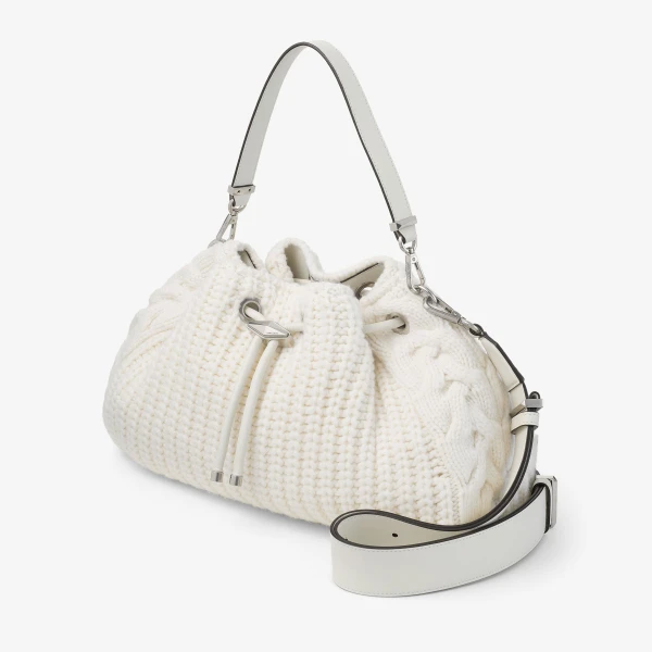 Latte and Antique Silver Jimmy Choo Cinch Medium Bucket Bag, view 3 | Bucket Bags