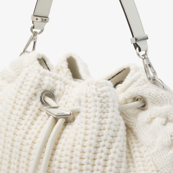 Latte and Antique Silver Jimmy Choo Cinch Medium Bucket Bag, view 4 | Bucket Bags