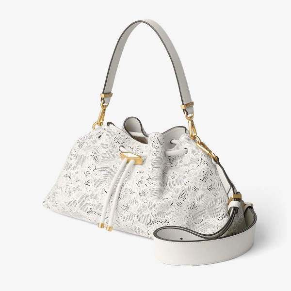 Latte and Gold Jimmy Choo Cinch Medium Bucket Bag, view 3 | Bucket Bags
