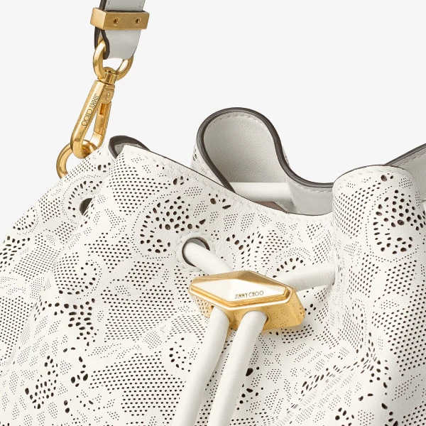 Latte and Gold Jimmy Choo Cinch Medium Bucket Bag, view 4 | Bucket Bags