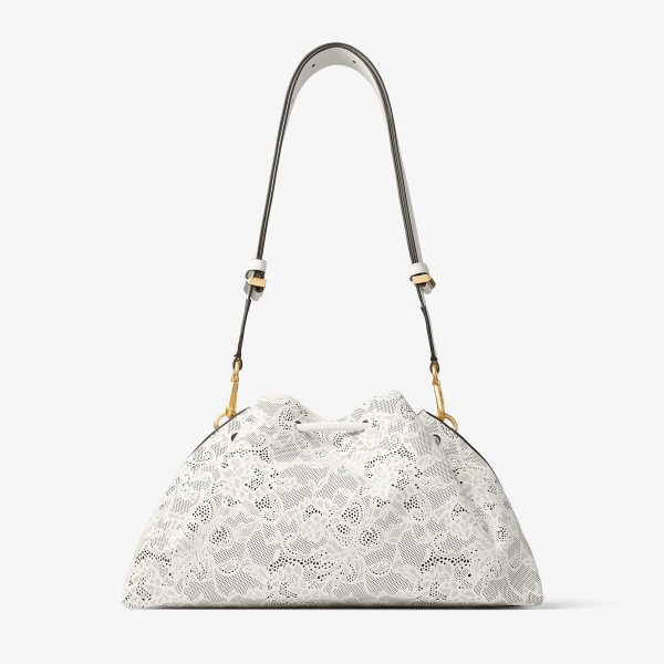 Latte and Gold Jimmy Choo Cinch Medium Bucket Bag, view 6 | Bucket Bags