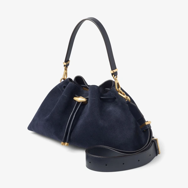 Marine and Gold Jimmy Choo Cinch Medium Bucket Bag, view 3 | Bucket Bags