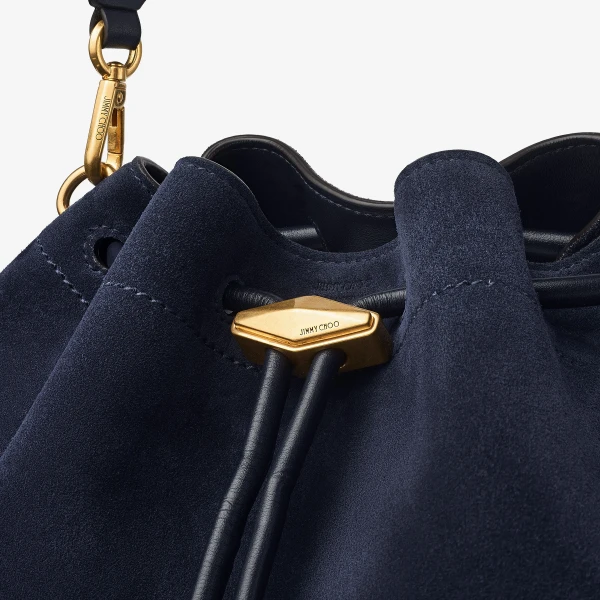 Marine and Gold Jimmy Choo Cinch Medium Bucket Bag, view 4 | Bucket Bags
