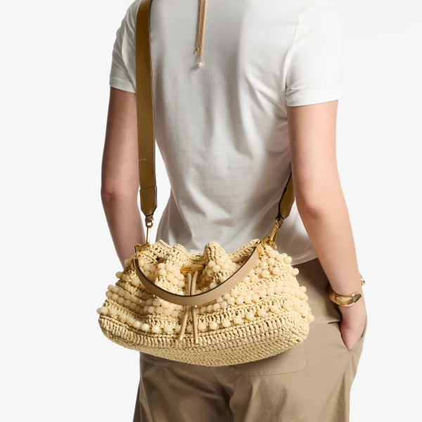 Natural, Cappuccino and Gold Jimmy Choo Cinch Medium Bucket Bag, view 2 | Bucket Bags