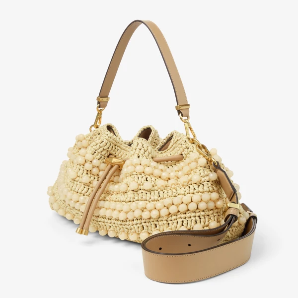 Natural, Cappuccino and Gold Jimmy Choo Cinch Medium Bucket Bag, view 3 | Bucket Bags