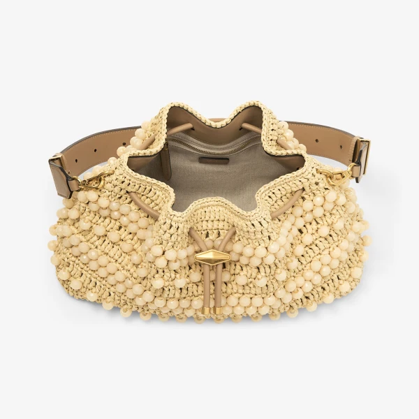 Natural, Cappuccino and Gold Jimmy Choo Cinch Medium Bucket Bag, view 4 | Bucket Bags